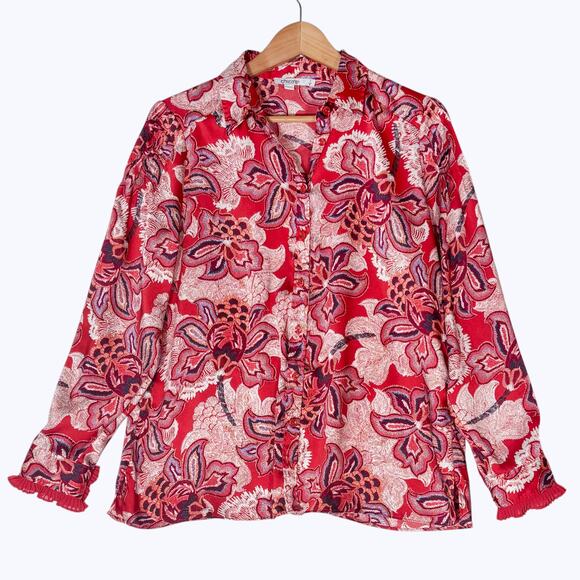 Chico's Pleated Pintuck Blouse Modern Dash Floral Print Women's 8 Ruffle Flowy - Picture 1 of 11